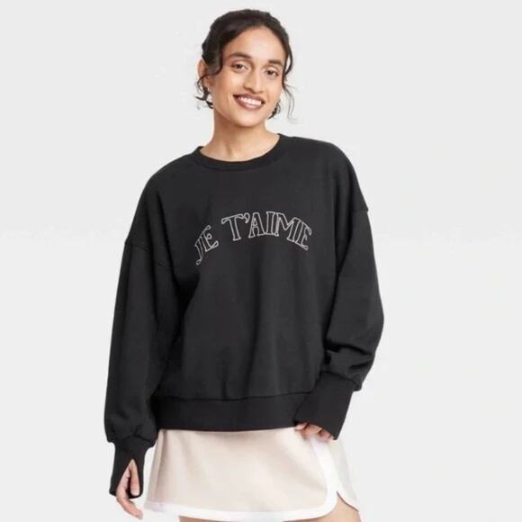 JoyLab Tops - JoyLab Women's Oversized‎ Boxy Sweatshirt Je TAime Black Graphic Size XL